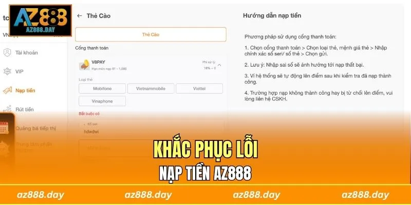 Khắc phục lỗi nạp tiền AZ888