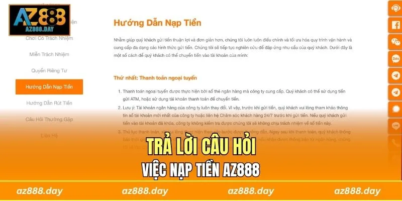 Trả lời câu hỏi việc nạp tiền AZ888